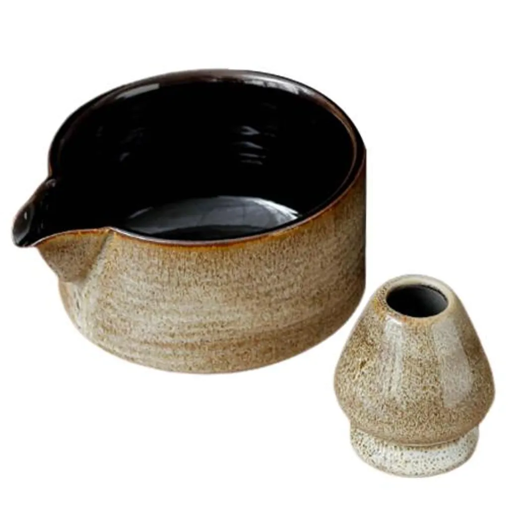 2x traditionelle Keramik-Matcha-Schüssel und Schneebesenhalter Farbe Weiß